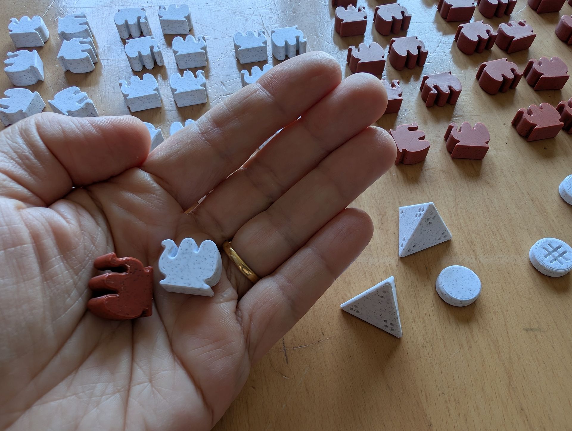 Ein ganzes Spielsteineset liegt auf einem Holztisch, auf einer Hand liegen jeweils ein rotes und ein weißes Kamel